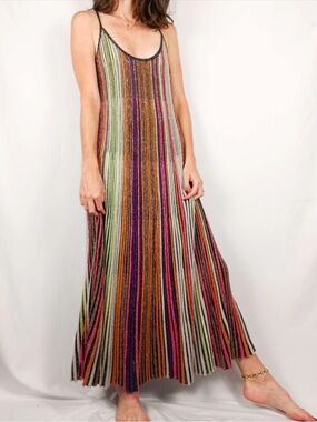 Zara Metallic Rainbow Multi Stripe Lurex Knit Midi Dress Missoni Style M
